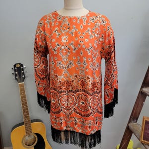 vtg 70s FRINGE HIPPIE DRESS / vintage large womens just for kicks slinky silky orange black psychedelic patterned tunic mod retro mini dress