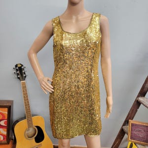 vtg 80s GOLD SEQUIN DRESS // vintage medium womens sparkly beaded retro fancy clubbing dress elegant cocktail party wedding guest rehearsal