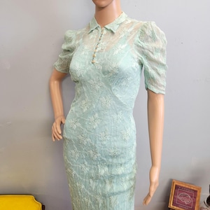 vtg 1930s LACE GOWN & SLIP // vintage small womens lace puffed sleeve button up pointy collar embroidered floral dress fancy pastel party