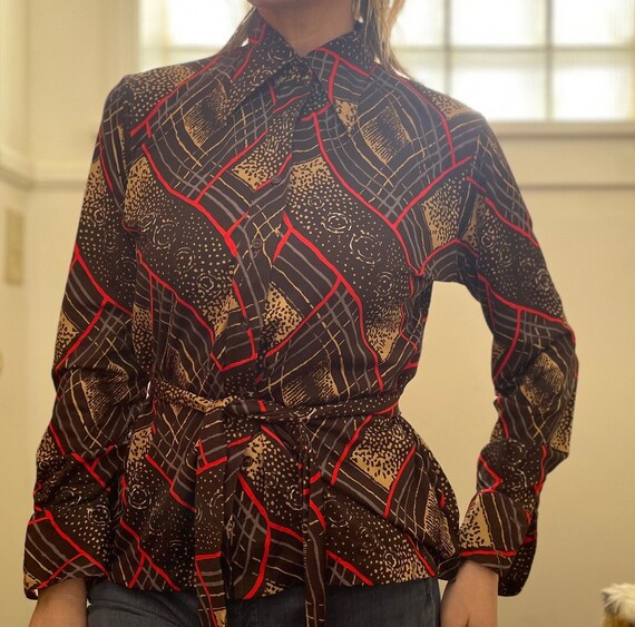 Vintage 70s Belted Polyester Shirt // Abstract Pr… - image 7