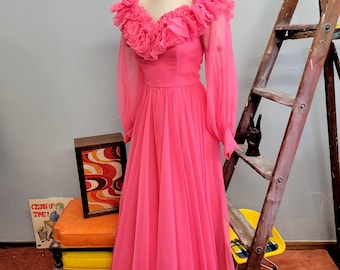 vtg 70s Mike Benet Pink Chiffon Ruffle Gown: Sheer Sleeve Maxi Dress