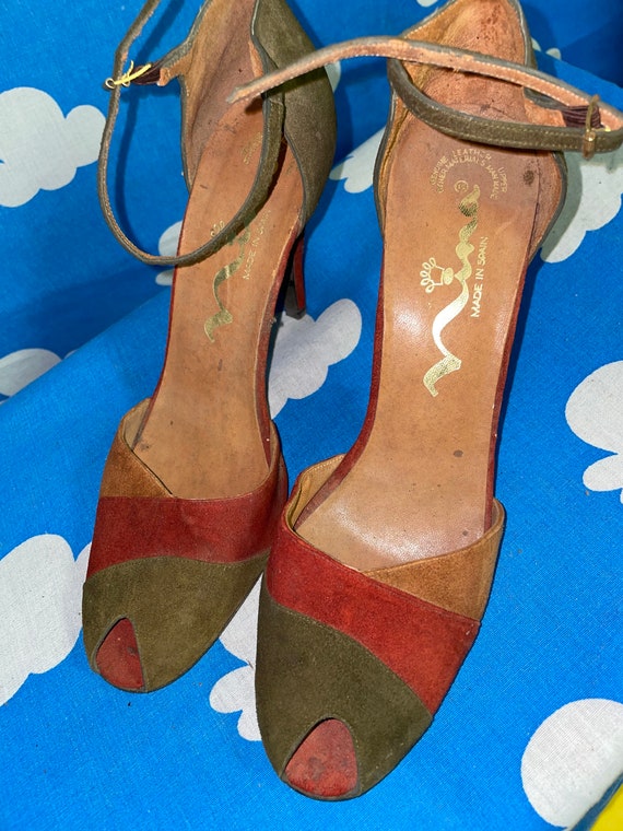 Vintage 70s Multicolored Suede Patchwork Heels / … - image 3