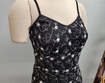 vtg 90s Embroidered Black Mini Dress: Vintage Maurice's Floral Holiday New Years Cocktail Date Party Dress