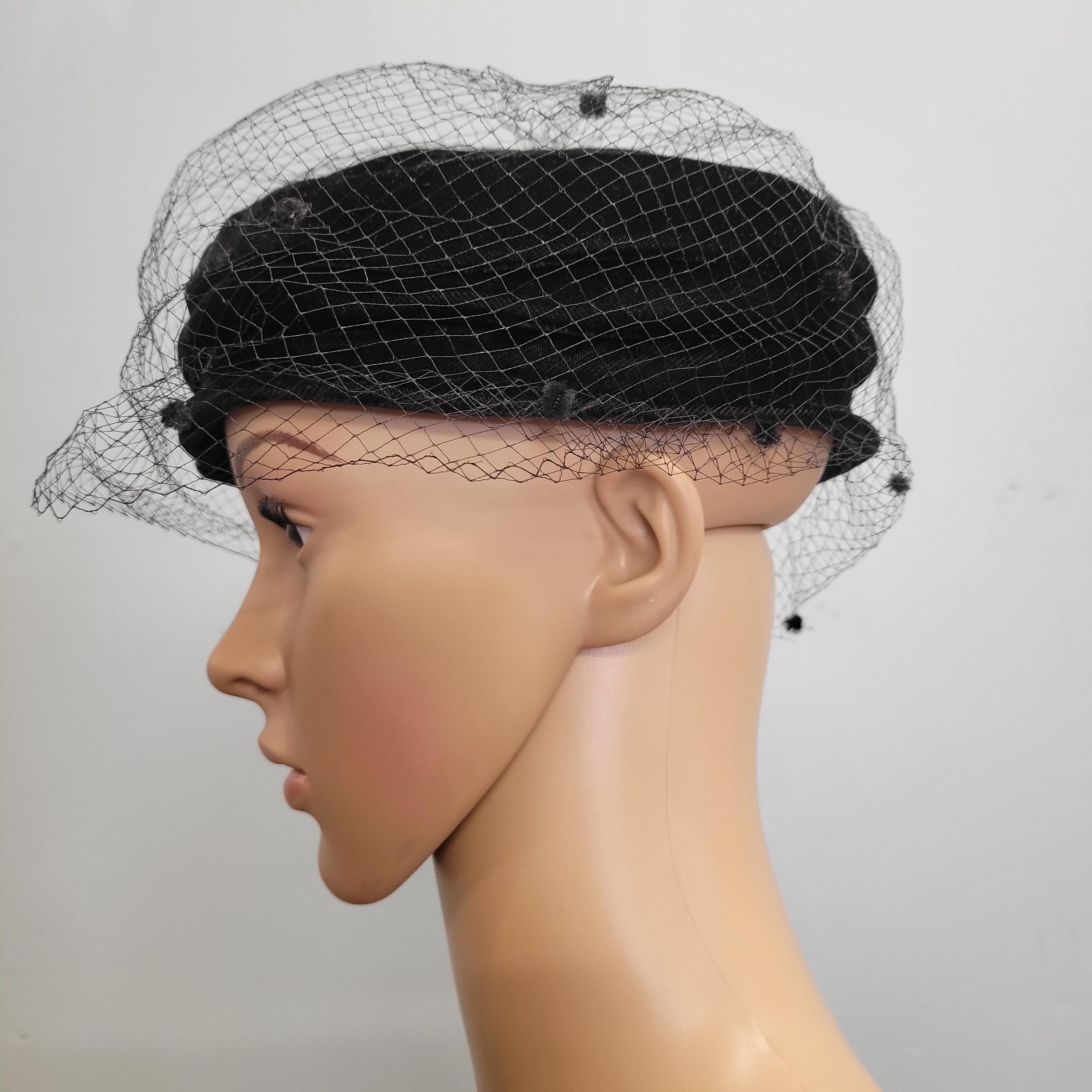 Vintage 40s Black Velvet Cocktail Hat: Polka Dot Veil 