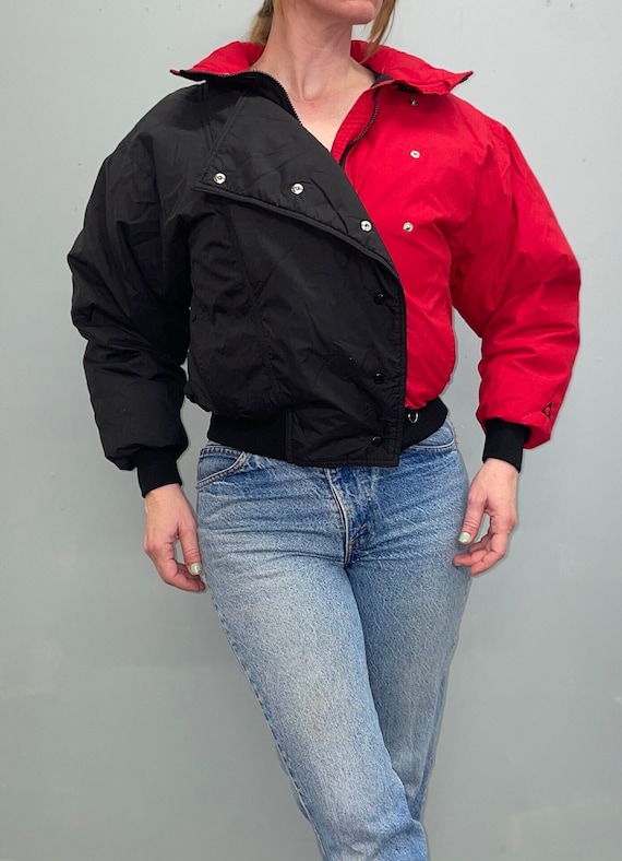 Vintage 80s CROPPED JACKET Black and Red Color Block Two Tone Ski