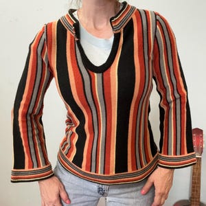 vtg 70s FLARE SLEEVE SWEATER // vintage retro scoop neck striped scoop neck space dye hippie mod boho spring colors orange black sweater top