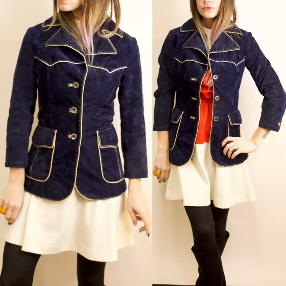 Vintage 1970's FELT NAVY Blue MOD Maid Button Up J