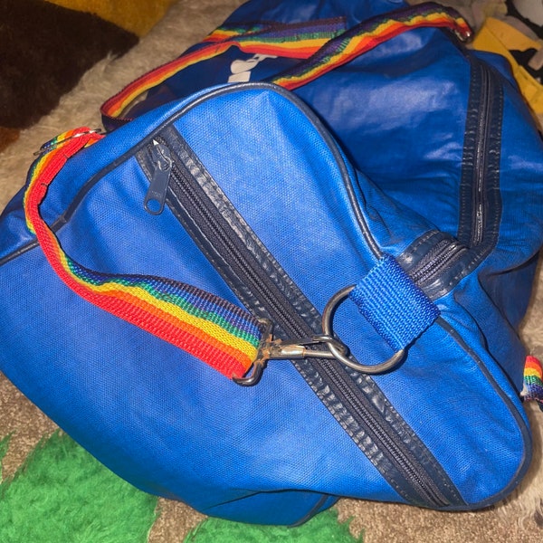 Vtg 80s Blue RAINBOW hobie cat duffel bag gym bag primary color striped overnight bag sporty retro over the shoulder bag