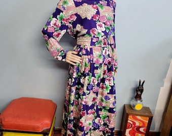 vtg 90s Purple Two-Piece Set,  Floral Blouse & Flowy Skirt Melrose Outfit