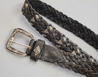 Vtg 70s Braided Black Leather Belt, Silver Buckle, Western Boho Style