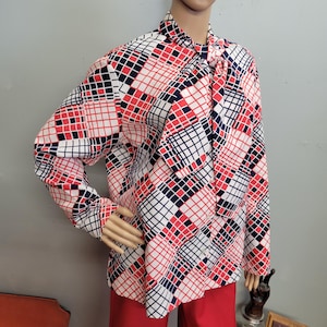 Top vintage anni '70 a quadri con laccetti: camicetta Montgomery Ward, taglia 2XL