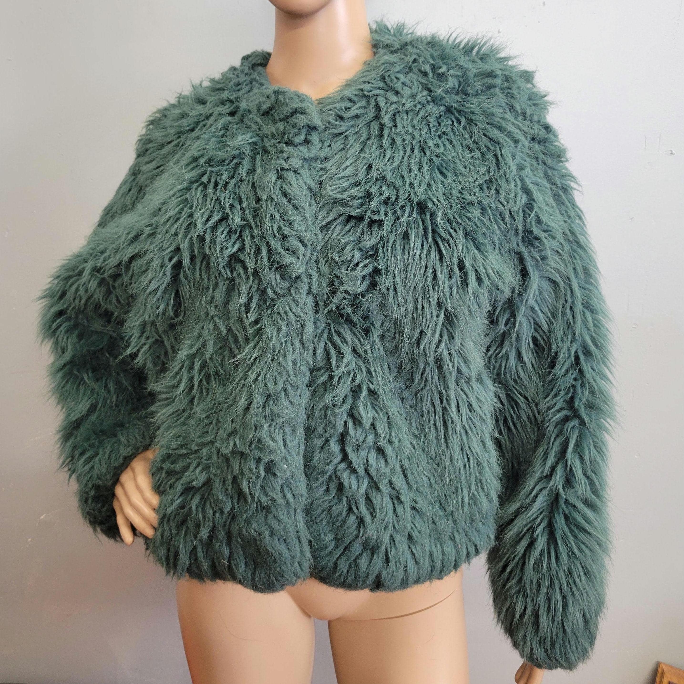 Vintage 70s Faux Fur Jacket: Shaggy Teal Overcoat, Duffel Outdoor