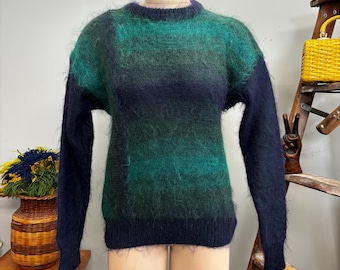 Vintage 80s Ombre Mohair Sweater: Fuzzy Teal Striped Pullover
