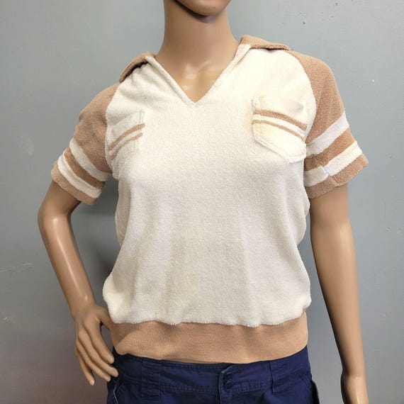 vtg 70s Terry Cloth Shirt, striped hippie mod style