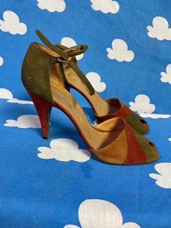 Vintage 70s Multicolored Suede Patchwork Heels / … - image 4