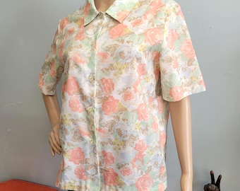 vtg 80s PASTEL ROSES BLOUSE,  St Aumont aop size 12