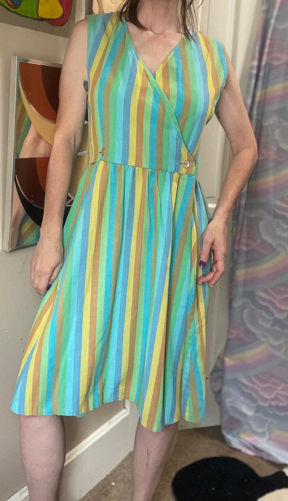 Vintage 50s 60s Pastel Striped Wrap Dress / Blue … - image 3