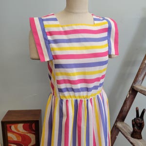 vtg 70s RAINBOW STRIPED DRESS  vintage jerells sweetheart womesn size 9 cute neon patterned midi funky retro dress spring sailor style dress