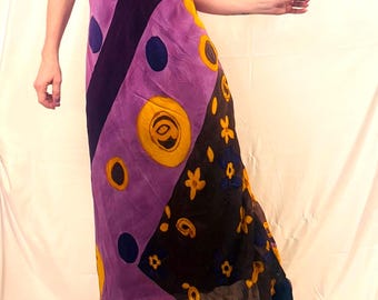 vtg 90s Psychedelic Rayon Dress, Mesh Overlay Abstract Whimsy Maxi