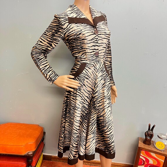 vtg 1940s Tiger Print Dress, Made in England Flowy Acetate