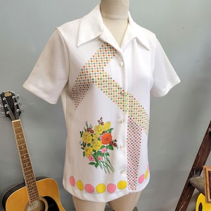 vtg 70s POP ART SHIRT  vintage size 18 large flowers rainbow button down summer style cabana retro mod hippie floral polka dot geometric top
