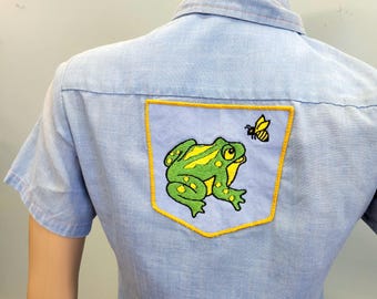 vtg 70s Embroidered Chambray Shirt – Towncraft Frog Giraffe Patchwork