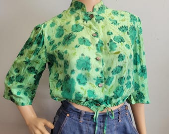 vtg 50s Green Tie Waist Blouse, Abstract Flowy Floral Top
