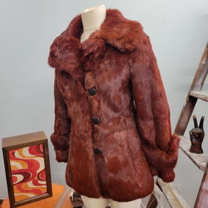 Vintage 70s Burgundy Rabbit Fur Coat: Collared Plush Overcoat