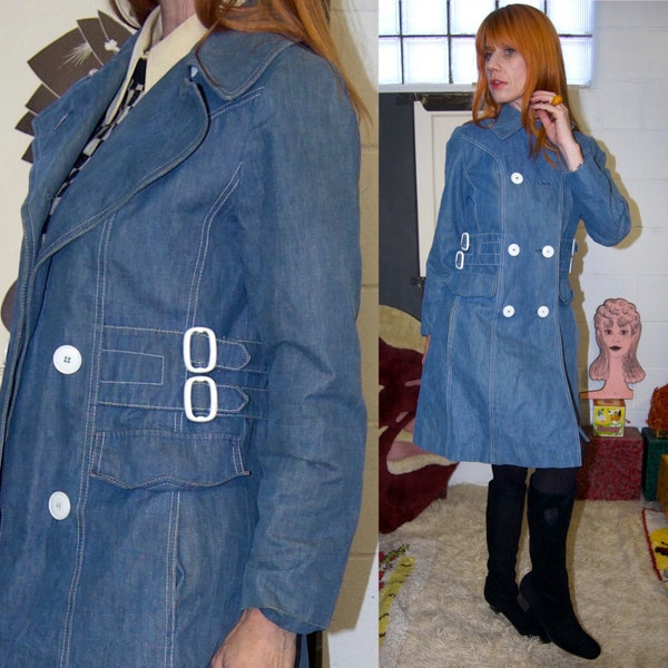 Vintage 60s Mod Blue & White Buckle Trench Coat / 60s Pea Coat / 70s rain coat