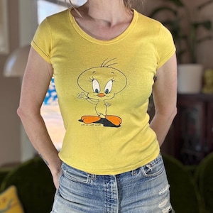 CAMISETA VTG DE LOS 70 DE TWEETY BIRD / Camiseta vintage Warner Bros. 1976 de Looney Tunes para mujer, corte francés, para bebé adulto, camiseta retro con estampado de pollitos de primavera en tonos pastel
