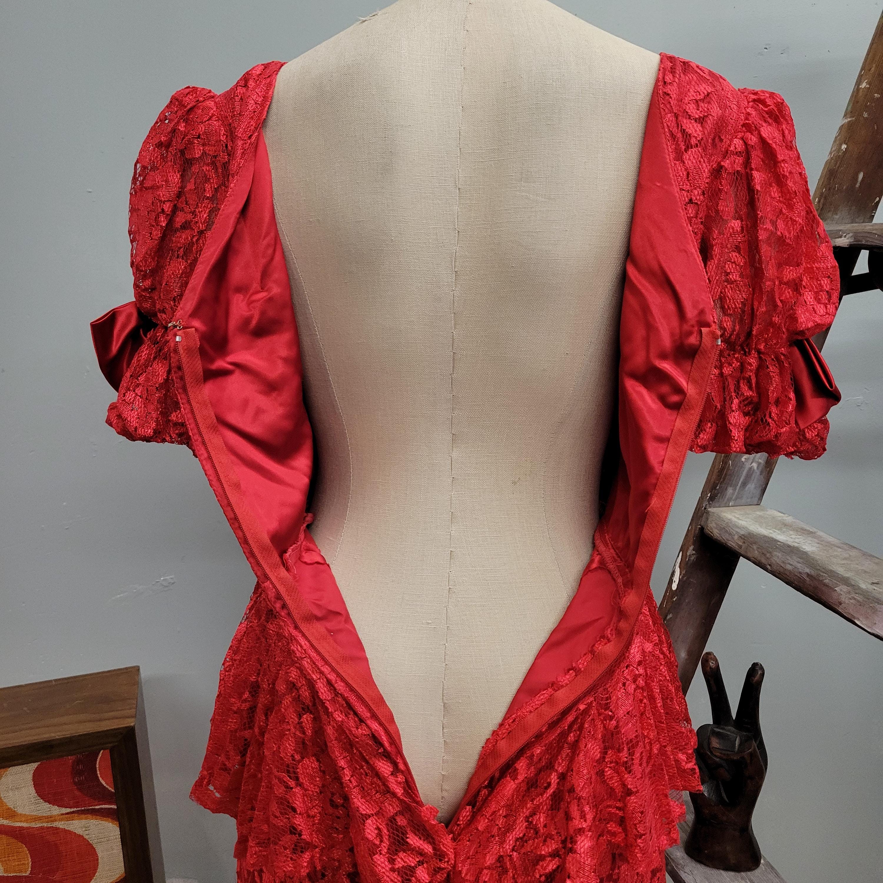 vtg 80s RED LACE PEPLUM Dress : vintage Small floral fishnet LACE bow Sleeves valentines puffed sleeve gown romantic date formal prom