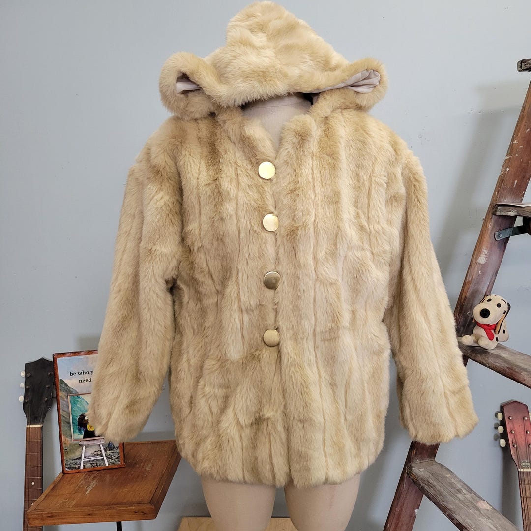 Vintage 60s Faux Fur Hooded Coat: Shaggy Beige Pile, Women's