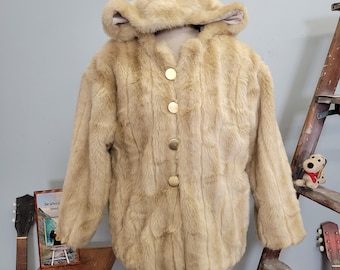 ホワイトフォックストリム付きコヨーテコート、フード付き、サイズS/M