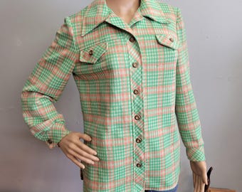 vtg 70s Green & Pink Plaid Top, Retro Button up