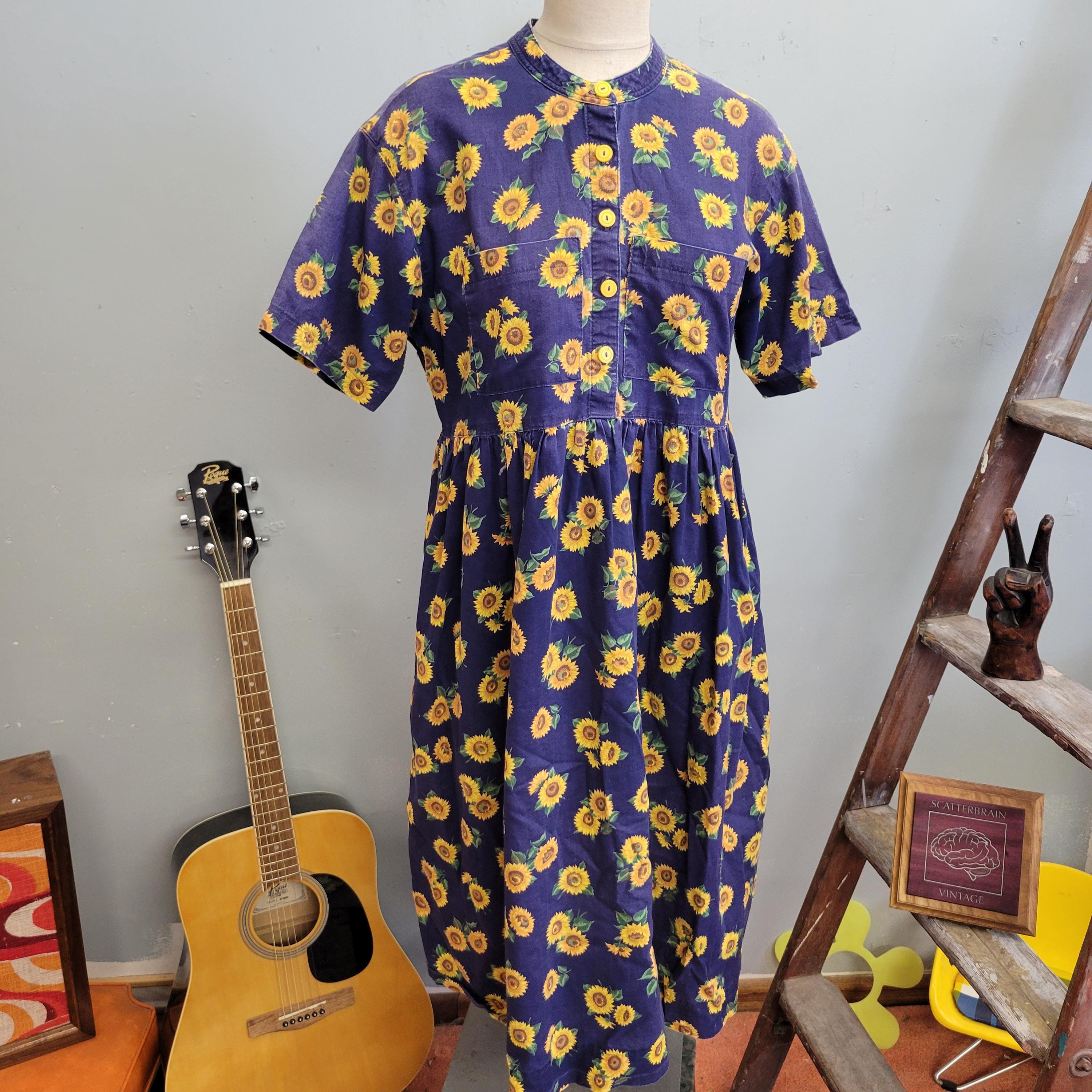 navy blue dress for baby girl Vintage 90s Sunflower Print Dress - Sleeveless, Tie Wrap Waist main image 0