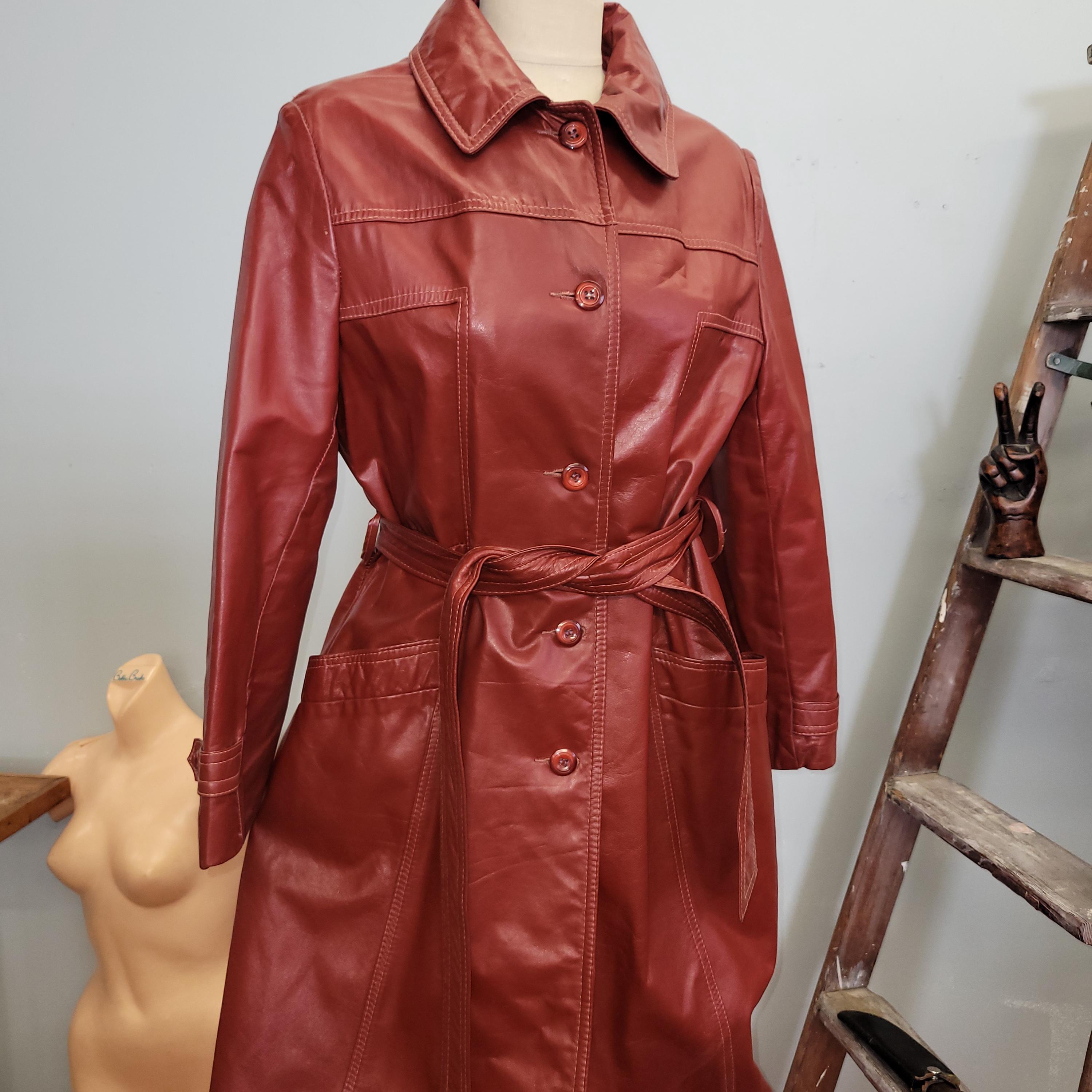 70’s leather long coat ZNZHKR Men's 70s PU Leather Trench Coat Long German Style