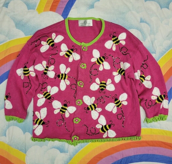 buzzin y2k 90s Sequin Bee Cardigan // Beaded Card… - image 1