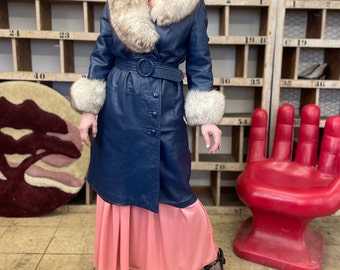 Vintage 70s blue leather penny lane coat big fur collar matching belt glam stroller coat