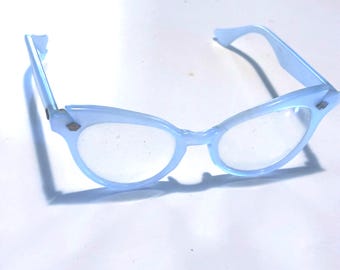Vtg 1950s Ice Blue Cat Eye Glasses, Mid-century Rockabilly Frames