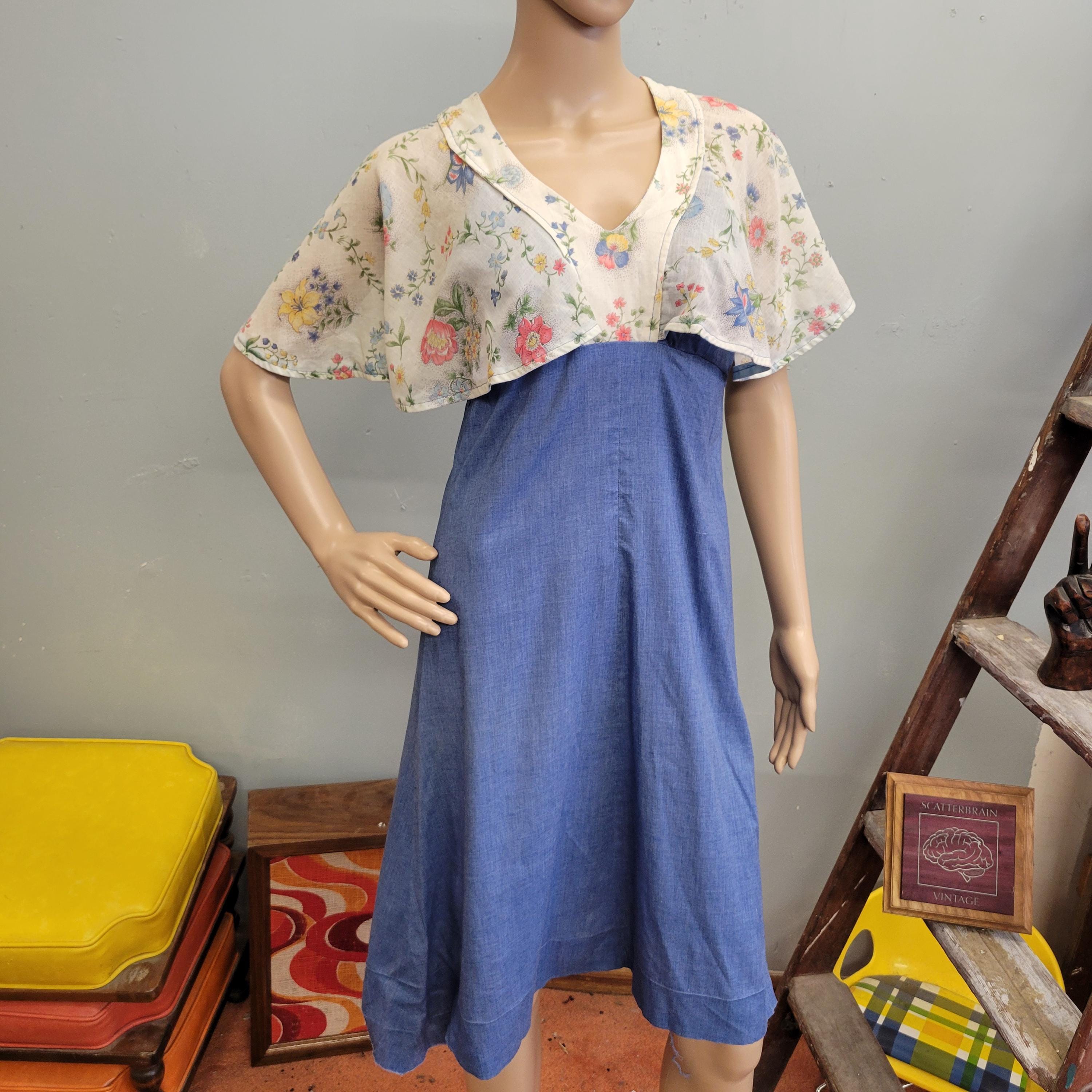 Buy 70s Blue Floral Flutter Sleeve Dress: Vintage Hippie Midi