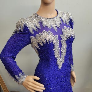 80s Sequin Mini Dress: Vintage Nite Line Blue Silver Silk Party Dress