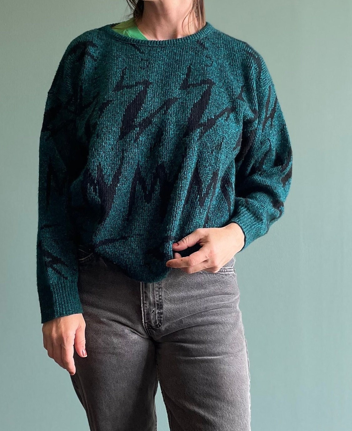 Vintage 80s Lightning Print Sweater Squiggle Teal Abstract Print