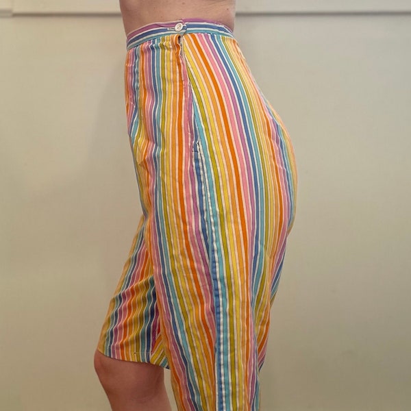Vintage 40s 50s Striped Bermuda Shorts / Bright Rainbow Pedal Pushers / Side Zip Pants