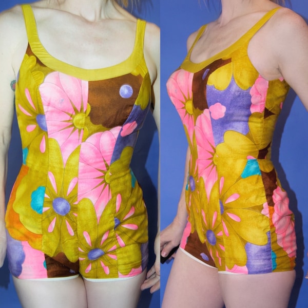 Vintage 50s 60s Bright Flower Swimsuit // Spring Vibes // Flower Power Playsuit // day glow Sheath Bathing Suit