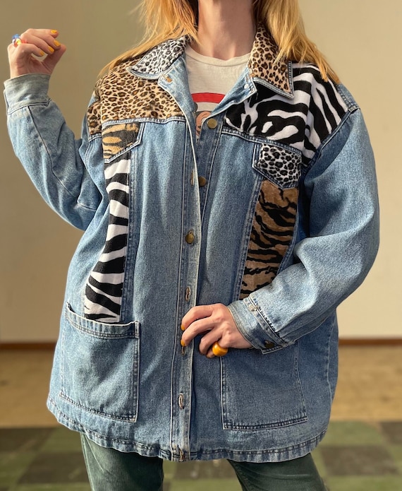 Vintage 1980s 90s Animal Print Patchwork Denim Jac