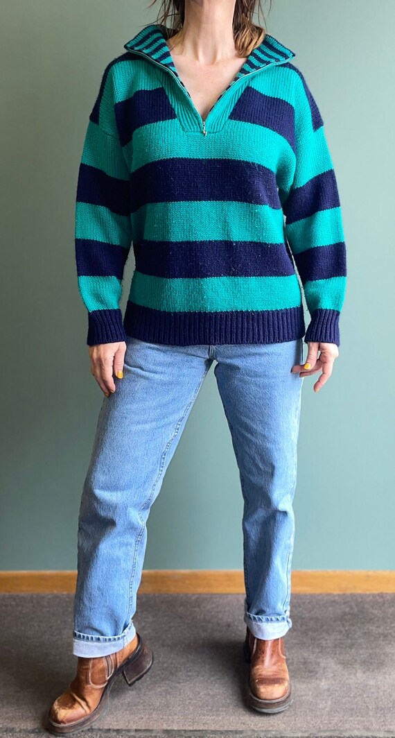 Vtg 80s Teal & Black Striped Slouchy Sweater / Zi… - image 2