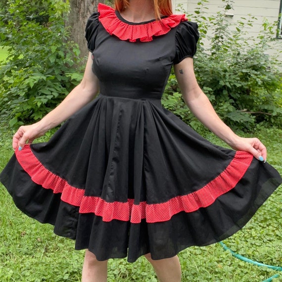 vintage 1950s Black & Red Patio Dress / Square dan