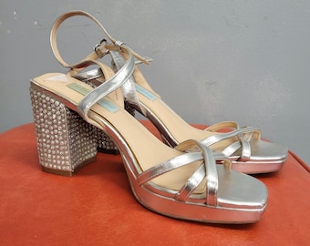 vtg 90s RHINESTONE STRAPPY HEELS : vintage Betsey Johnson size 6.5 blue label formal sparkly
