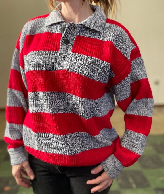 Vintage 80s Red & Grey Striped Sweater / Slouchy … - image 5