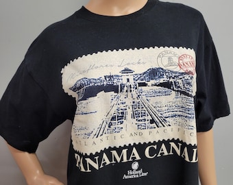 vtg 90s PANAMA CANAL Stamp T-Shirt:  vintage LARGE Souvenir travel graphic tee